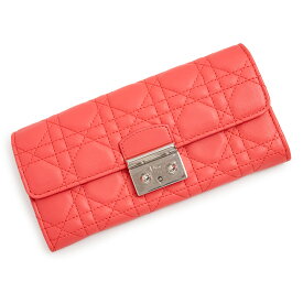 【未使用保管品】クリスチャンディオール Christian Dior ミスディオール カナージュ ニューロック 二つ折り長財布 ラムスキン レザー コーラル ピンク シルバー金具 S0522PGAI 箱付