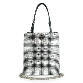 【新品・未使用品】プラダ PRADA トライアングル 三角ロゴプレート 2WAY チェーン ショルダー ハンドバッグ 斜め掛け クリスタル サテン レザー ブラック 黒 シルバー金具 1BA253