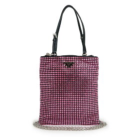 【未使用　展示品】プラダ PRADA トライアングル 三角ロゴプレート 2WAY チェーン ショルダー ハンドバッグ 斜め掛け クリスタル サテン レザー ローザ ピンク シルバー金具 1BA253