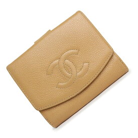 【中古】シャネル CHANEL Wホック 二つ折り財布 キャビアスキン レザー ベージュ ゴールド金具 A13496