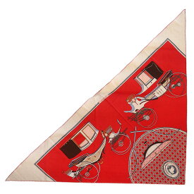 【未使用　展示品】エルメス HERMES トライアングル ジェアン Les Voitures a Transformation 折畳み式幌の馬車 三角 スカーフ ショール ストール カシミヤ70％ シルク30％ ナチュラル ルージュ ブルー レッド 赤 箱付