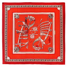 【新品・未使用品】エルメス HERMES カレジェアン 140 Harnais de Cour Bandana 宮廷の馬具 大判 ショール ストール カシミヤ70% シルク30％ ルージュ ヴァーミリオン レッド オレンジ 箱付