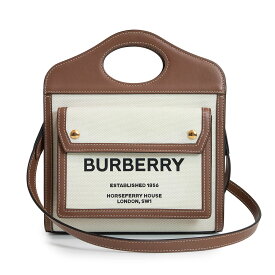 【未使用　展示品】バーバリー BURBERRY ミニ ポケットバッグ ショルダーバッグ 斜め掛け コットンキャンバス カーフスキン レザー ナチュラル モルトブラウン ゴールド金具 8039361
