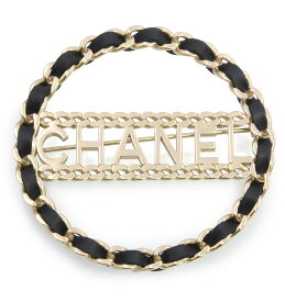 【新品・未使用品】CHANEL シャネル AB0096 ロゴ サークル 編み込みチェーン デザイン カーフスキン シャンパンゴールド ブラック ブローチ レザー 箱付
