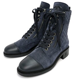 【未使用保管品】CHANEL シャネル G33769 マトラッセ ココマーク レースアップ スウェード レザー ネイビー ブラック ブーツ シューズ 靴 #38 25cm ガンメタル金具