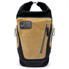 【美品】LOEWE ロエベ B000W87X01 フレックス ロールトップ コットンキャンバス スウェード ブラック ダークゴールド リュック デイパック バックパック シルバー金具
