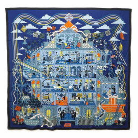 【新品・未使用品】HERMES エルメス カレジェアン 140 La Maison des Carres メゾン デ カレ カシミヤ70% シルク30％ ブルー ニュイ シエル オレンジ 大判 ショール ストール スカーフ 箱付