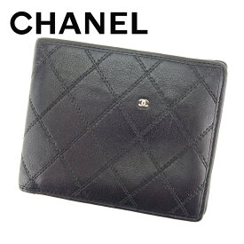 【スプリングセール30％OFF】シャネル CHANEL 二つ折り 札入れ 二つ折り 財布 レディース メンズ 可 ブラック レザー 【シャネル】 T7265 【中古】