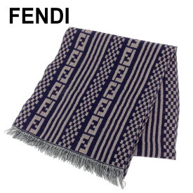 【冬のTHEセール 30%OFF】フェンディ マフラー フリンジ付き ストライプ チェック FF柄 ネイビー グレー 灰色 ウール100％ FENDI 【フェンディ】 t8009s 【中古】