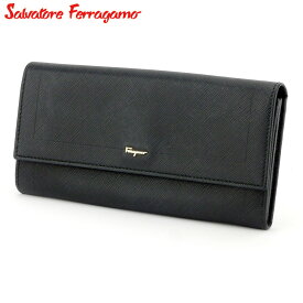 【冬のTHEセール 30%OFF】サルヴァトーレ フェラガモ 長財布 ファスナー付き 財布 ロゴ ブラック ゴールド レザー Salvatore Ferragamo C3785 【中古】