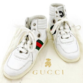 【冬のTHEセール 30%OFF】グッチ GUCCI スニーカー シューズ 靴 ガールズ ボーイズ 可 ♯30 ハイカット ホワイト×グリーン×レッド系 レザー 【グッチ】 T4036 【中古】