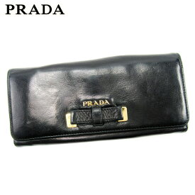 【春の大感謝祭 30％OFF】プラダ 長財布 ファスナー付き 長財布 リボンモチーフ ブラック レザー PRADA 長サイフ サイフ 収納ブランド財布 ユニセックス 小物 【プラダ】 T17239 【中古】