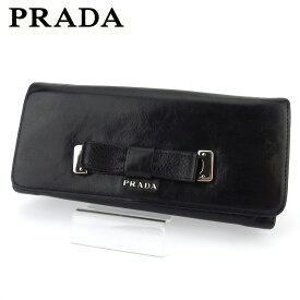 【春の大感謝祭 30％OFF】プラダ 長財布 ファスナー付き 財布 レディース リボン ブラック シルバー レザー PRADA 長サイフ サイフ 収納 ユニセックス 小物 【プラダ】 L2935 【中古】