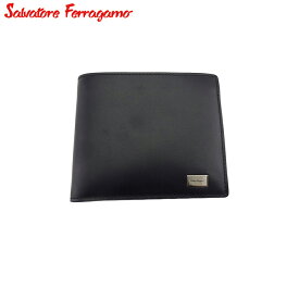 【中古】 サルヴァトーレ フェラガモ 二つ折り 財布 メンズ ロゴプレート ブラック シルバー ブラウン レザー Salvatore Ferragamo T22323