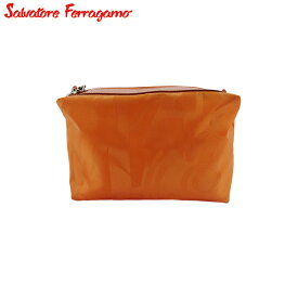 【中古】 サルヴァトーレ フェラガモ ポーチ 化粧ポーチ レディース ロゴ オレンジ シルバー ナイロンキャンバス Salvatore Ferragamo C4526