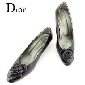 【2000円オフクーポン】 【中古】 ディオール パンプス シューズ 靴 #4ハーフ フラワーモチーフ ブラック レザー Dior C4193
