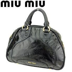 【ウィンターSALE 30%OFF】ミュウミュウ ハンドバッグ ボストンバッグ ロゴ ブラック ゴールド エナメルレザー miu miu 【ミュウミュウ】 T8703S 【中古】