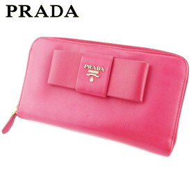 【楽天スーパーSALE】プラダ 長財布 ラウンドファスナー 財布 レディース リボン ピンク ゴールド サフィアーノレザー PRADA 【プラダ】 T17788S 【中古】