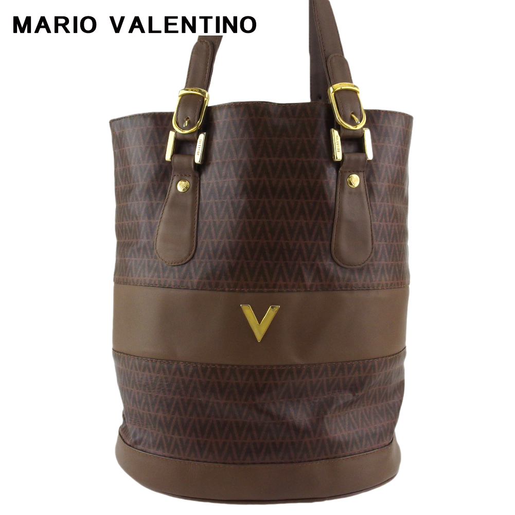 【中古】 マリオ ヴァレンティノ トートバッグ ハンドバッグ バケツ型 レディース メンズ Vマーク ブラウン ゴールド PVC×レザー MARIO  VALENTINO T20074 | ブランドデポ