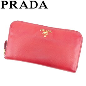 【春の大感謝祭 30％OFF】プラダ 長財布 ラウンドファスナー 財布 ロゴ レッド ゴールド サフィアーノレザー PRADA 【プラダ】 T14182S 【中古】