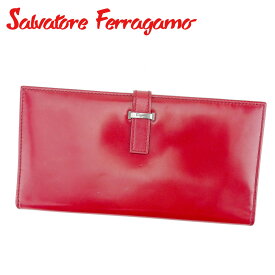 【ウィンターSALE 30%OFF】サルヴァトーレ フェラガモ 長札入れ 札入れ ロゴプレート レッド シルバー レザーSalvatore Ferragamo レディース プレゼント 贈り物 オシャレ 大人 ファッション 【フェラガモ】 T9366 【中古】