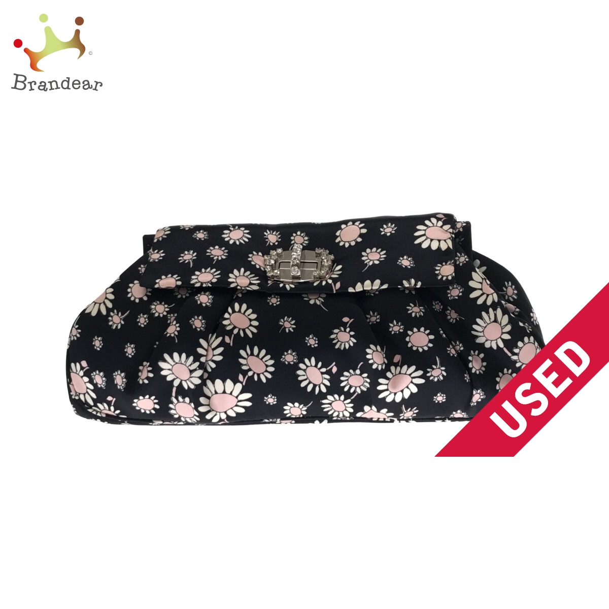 最上の品質な miumiu(ミュウミュウ) クラッチバッグ 花柄 ビジュー 黒×白×ピンク サテン 