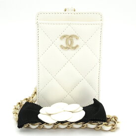 【中古】CHANEL(シャネル) カードケース カメリア/ゴールド金具 白 ラムスキン