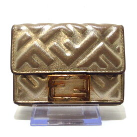 【中古】FENDI(フェンディ) マイクロ トリフォールド ウォレット 3つ折り財布 型押し加工 ピンクゴールド レザー