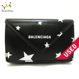 【中古】BALENCIAGA(バレンシアガ) 3つ折り財布 スター柄 黒×白 レザー