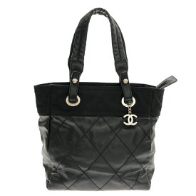 【中古】CHANEL(シャネル) パリビアリッツトートPM トートバッグ 黒 コーティングキャンバス×ナイロン×レザー