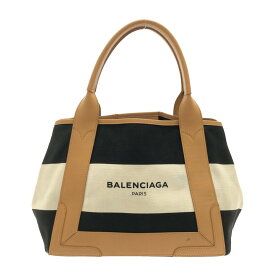 【新着】【中古】BALENCIAGA(バレンシアガ) ネイビーカバS トートバッグ ボーダー 黒×白×ライトブラウン キャンバス×レザー