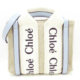 【中古】Chloe(クロエ) ウッディナノトート トートバッグ ミニバッグ グレーベージュ×ライトブルー×アイボリー 麻×レザー×コットン