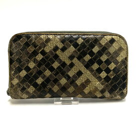 【中古】BOTTEGA VENETA(ボッテガヴェネタ) アイヤーズ 長財布 ラウンドファスナー 黒×ダークグリーン×ダークグレー レザー×パイソン