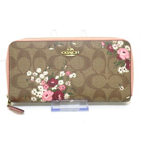 【中古】COACH(コーチ) 長財布 シグネチャー柄/花柄 カーキ×ピンク×マルチ レザー