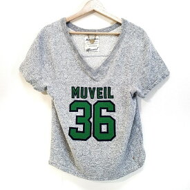 【中古】MUVEIL(ミュベール) 半袖カットソー Vネック ライトグレー×グリーン×ダークネイビー