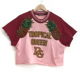 【新着】【中古】DOLCE&GABBANA(ドルチェアンドガッバーナ) トレーナー 半袖/TROPICAL QUEEN/ビーズ/スパンコール ピンク×ボルドー