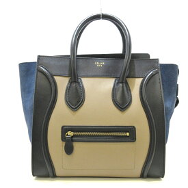 【新着】【中古】CELINE(セリーヌ) ラゲージミニショッパー ハンドバッグ トリコロール ベージュ×黒×ネイビー レザー×スエード