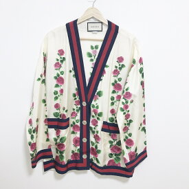 【中古】GUCCI(グッチ) カーディガン 長袖/シルク/花柄 アイボリー×グリーン×マルチ