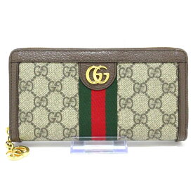 【中古】GUCCI(グッチ) オフィディア,GG ジップアラウンドウォレット 長財布 ラウンドファスナー グレー×ダークブラウン×マルチ PVC(塩化ビニール)×レザー×キャンバス