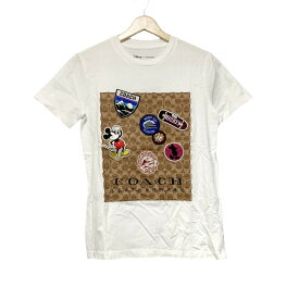 【中古】COACH(コーチ) 半袖Tシャツ クルーネック/DISNEY/ワッペン/シグネチャー柄 白×カーキ×マルチ