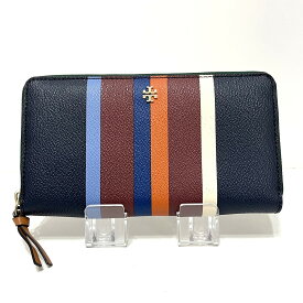 【中古】TORY BURCH(トリーバーチ) 長財布 ラウンドファスナー/ストライプ ダークネイビー×ダークブラウン×マルチ PVC(塩化ビニール)×レザー