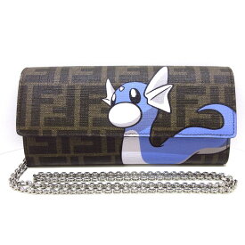 【中古】FENDI(フェンディ) チェーン コンチネンタル ウォレット,ズッカ柄 財布 チェーンウォレット/ミニリュウ/×Fragment/×POKEMON(ポケモン) ブラウン×ライトブルー×マルチ PVC(塩化ビニール)×レザー