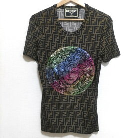 【中古】FENDI(フェンディ) 半袖Tシャツ クルーネック/FENDACE/ズッカ柄/ラインストーン カーキ×黒×マルチ