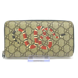 【中古】GUCCI(グッチ) スネークプリント GGスプリームキャンバス ジップアラウンドウォレット 長財布 ラウンドファスナー ベージュ×ダークブラウン×マルチ PVC(塩化ビニール)×レザー