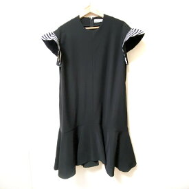 【中古】BORDERS at BALCONY(ボーダーズアットバルコニー) ワンピース クルーネック/半袖/ひざ丈/ストライプ/フリル 黒×白