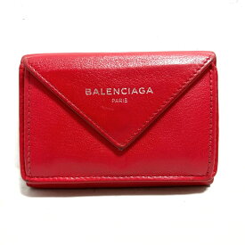 【中古】BALENCIAGA(バレンシアガ) ペーパーミニウォレット 3つ折り財布 レッド レザー