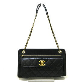 【中古】CHANEL(シャネル) マトラッセ ショルダーバッグ フラップポケット/チェーンショルダー/ヴィンテージゴールド金具/ターンロック 黒 スパークルレザー×ラムスキン