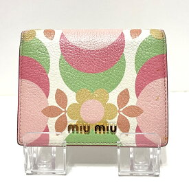 【中古】miumiu(ミュウミュウ) 2つ折り財布 花柄 ピンク×ライトグリーン×マルチ レザー