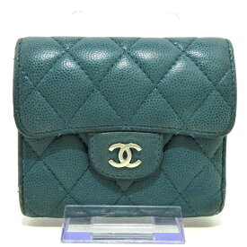 【中古】CHANEL(シャネル) マトラッセ 3つ折り財布 シルバー金具 ブルーグリーン キャビアスキン