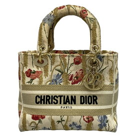 【中古】DIOR/ChristianDior(ディオール/クリスチャンディオール) レディディーライトミディアムバッグ ハンドバッグ 刺繍/花柄/ゴールド金具/ハイビスカスエンブロイダリー アイボリー×ゴールド